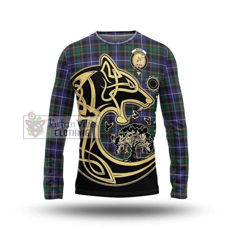 McRae Hunting Modern Tartan Long Sleeve T-Shirt with Family Crest Celtic Wolf Style