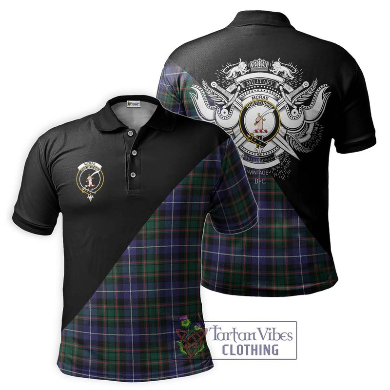 McRae Hunting Modern Tartan Polo Shirt with Family Crest and Military Logo Style