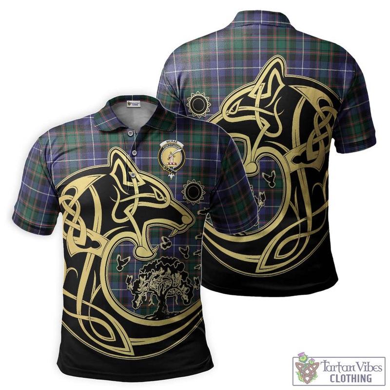 McRae Hunting Modern Tartan Polo Shirt with Family Crest Celtic Wolf Style