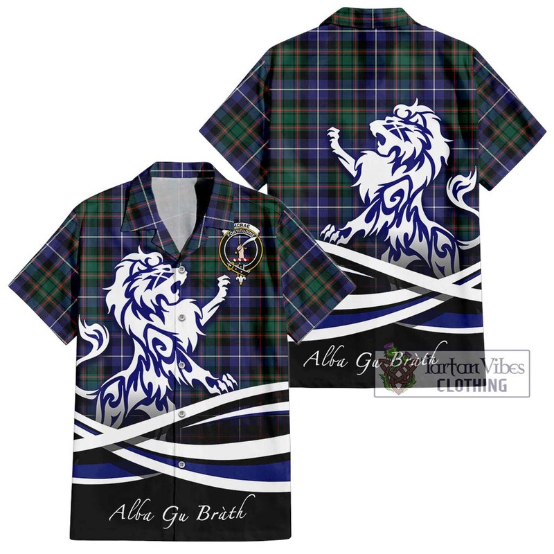 McRae Hunting Modern Tartan Short Sleeve Button Shirt with Alba Gu Brath Regal Lion Emblem