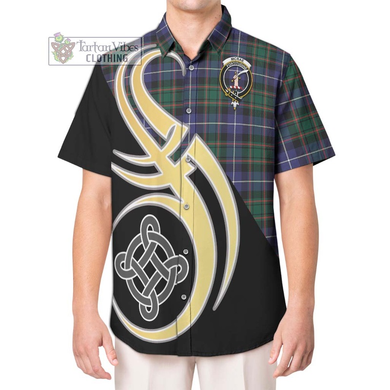 McRae Hunting Modern Tartan Short Sleeve Button Shirt with Family Crest and Celtic Symbol Style