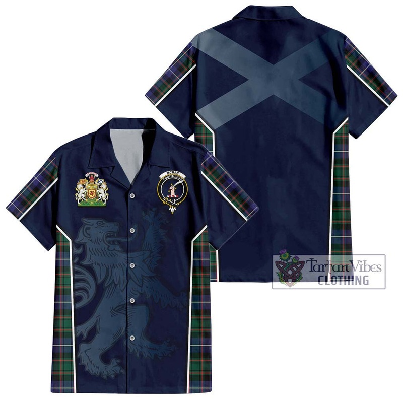 McRae Hunting Modern Tartan Short Sleeve Button Shirt with Family Crest and Lion Rampant Vibes Sport Style