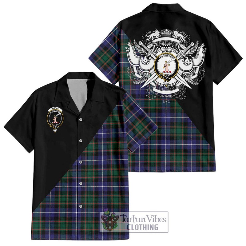 McRae Hunting Modern Tartan Short Sleeve Button Shirt with Family Crest and Military Logo Style