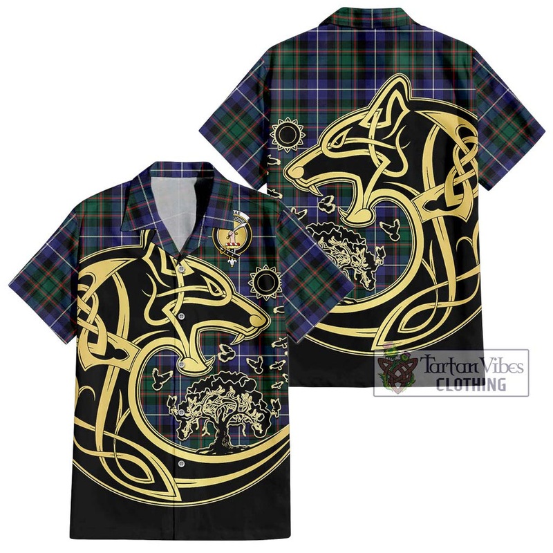 McRae Hunting Modern Tartan Short Sleeve Button Shirt with Family Crest Celtic Wolf Style