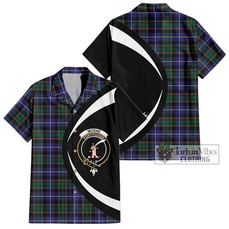 McRae Hunting Modern Tartan Short Sleeve Button Up with Family Crest Circle Style
