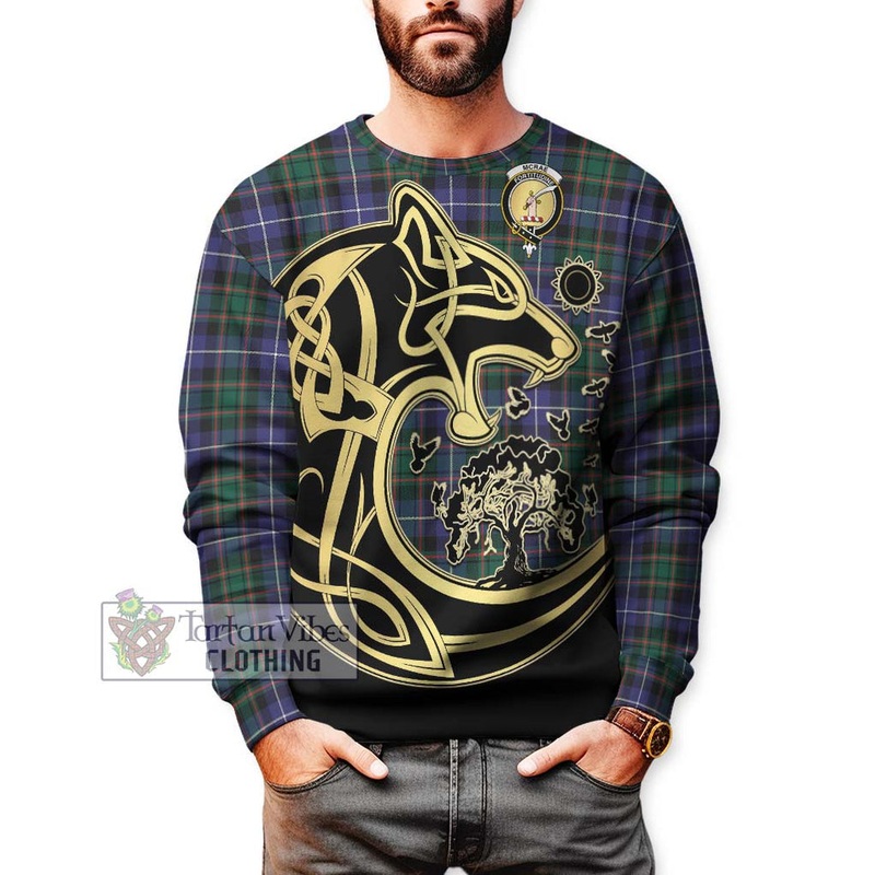 McRae Hunting Modern Tartan Sweatshirt with Family Crest Celtic Wolf Style