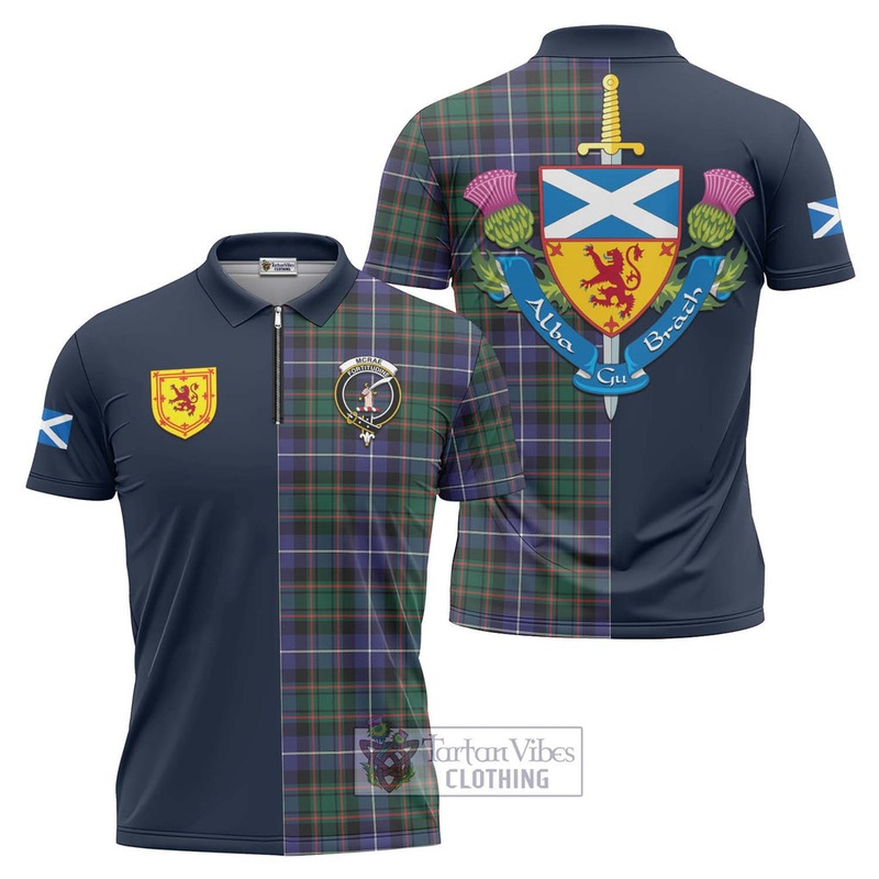 McRae Hunting Modern Tartan Zipper Polo Shirt Alba with Scottish Lion Royal Arm Half Style