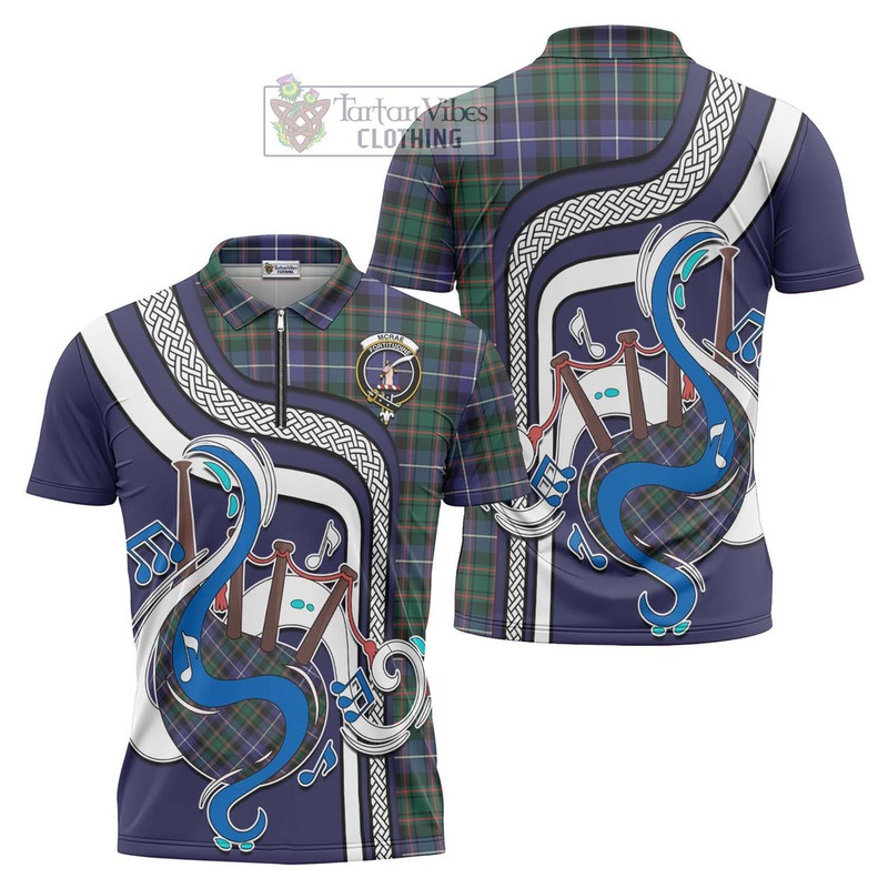 McRae Hunting Modern Tartan Zipper Polo Shirt with Epic Bagpipe Style