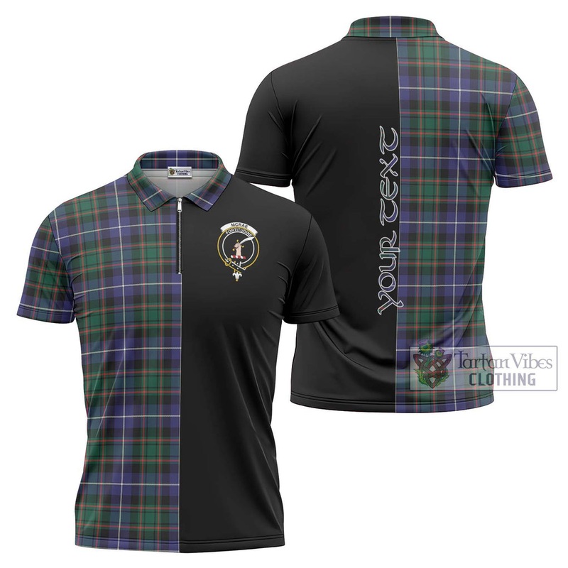 McRae Hunting Modern Tartan Zipper Polo Shirt with Family Crest and Half Of Me Style