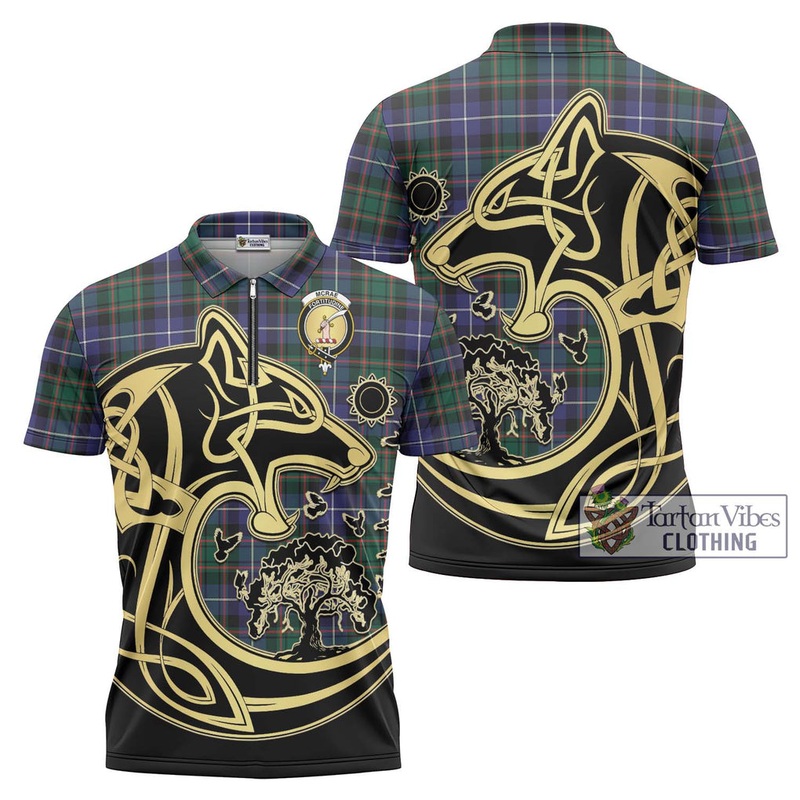 McRae Hunting Modern Tartan Zipper Polo Shirt with Family Crest Celtic Wolf Style