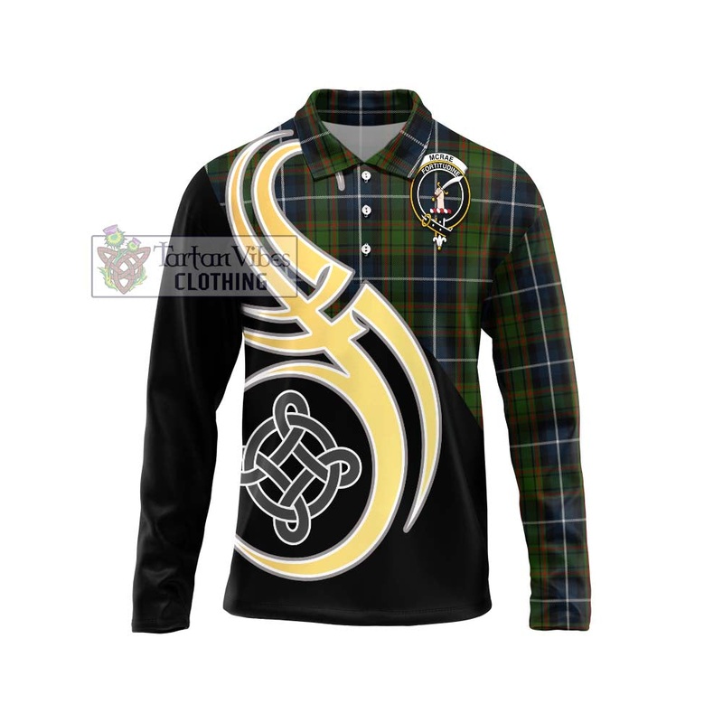 McRae Hunting Tartan Long Sleeve Polo Shirt with Family Crest and Celtic Symbol Style