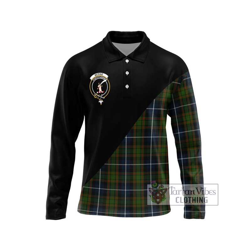 McRae Hunting Tartan Long Sleeve Polo Shirt with Family Crest and Military Logo Style