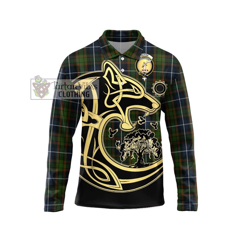 McRae Hunting Tartan Long Sleeve Polo Shirt with Family Crest Celtic Wolf Style