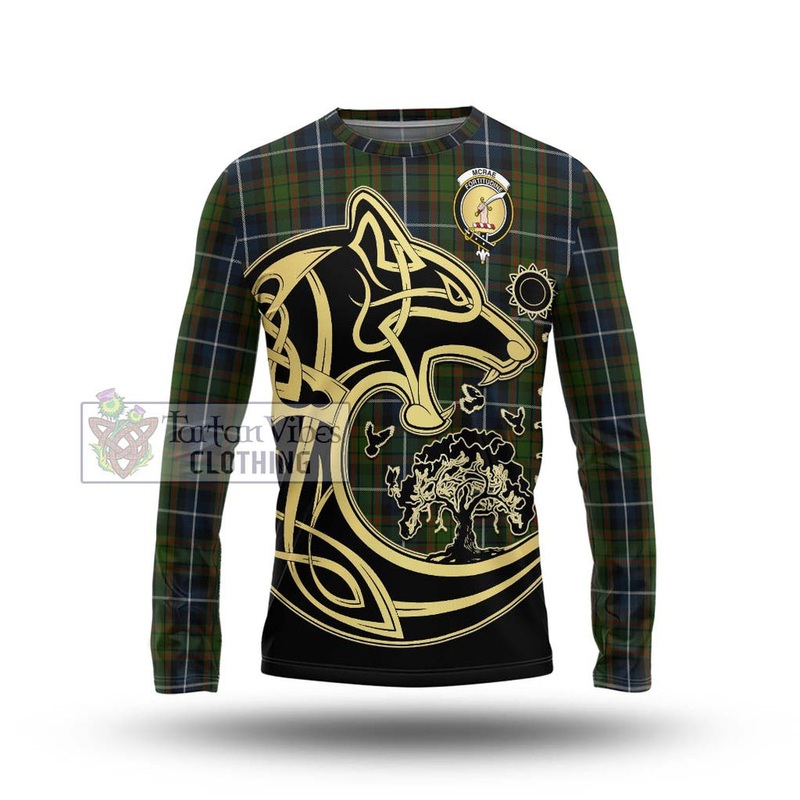 McRae Hunting Tartan Long Sleeve T-Shirt with Family Crest Celtic Wolf Style