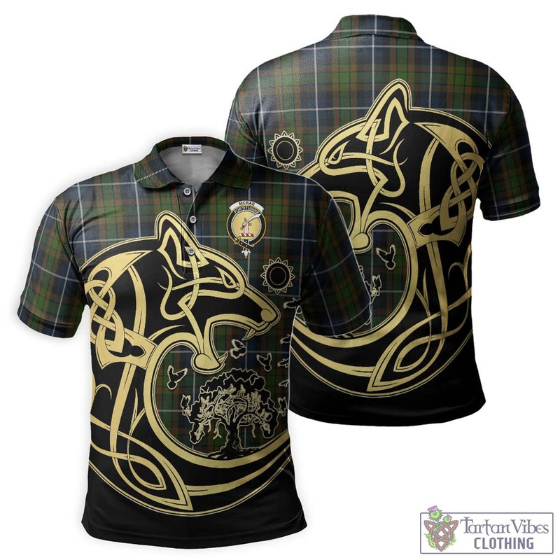 McRae Hunting Tartan Polo Shirt with Family Crest Celtic Wolf Style
