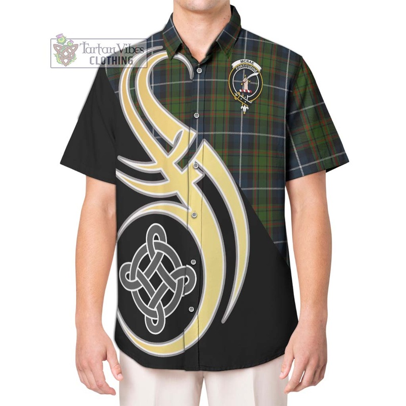 McRae Hunting Tartan Short Sleeve Button Shirt with Family Crest and Celtic Symbol Style