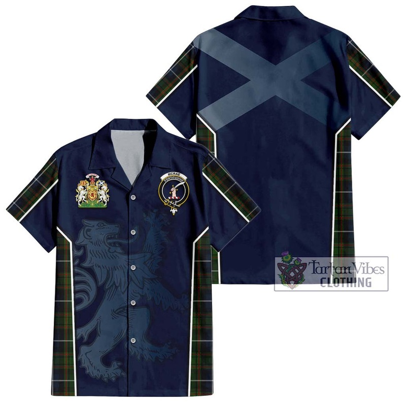 McRae Hunting Tartan Short Sleeve Button Shirt with Family Crest and Lion Rampant Vibes Sport Style