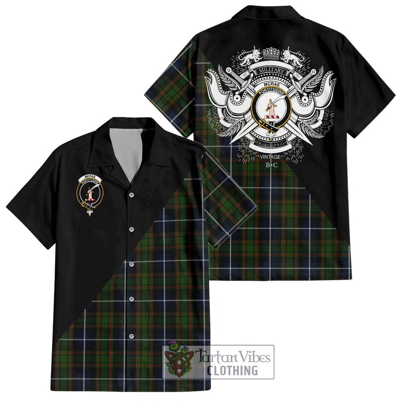 McRae Hunting Tartan Short Sleeve Button Shirt with Family Crest and Military Logo Style