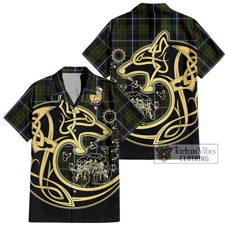 McRae Hunting Tartan Short Sleeve Button Shirt with Family Crest Celtic Wolf Style