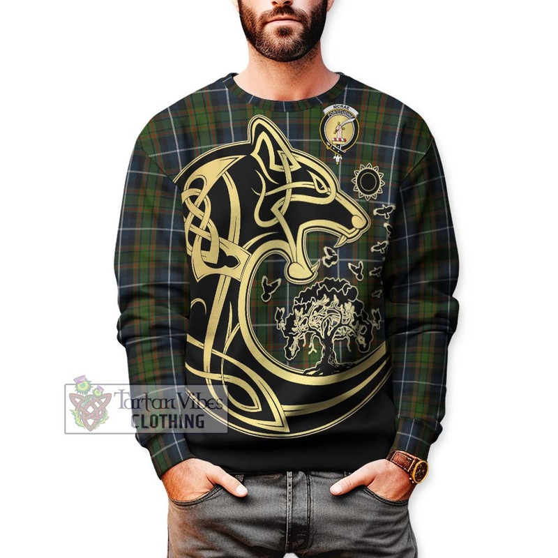 McRae Hunting Tartan Sweatshirt with Family Crest Celtic Wolf Style