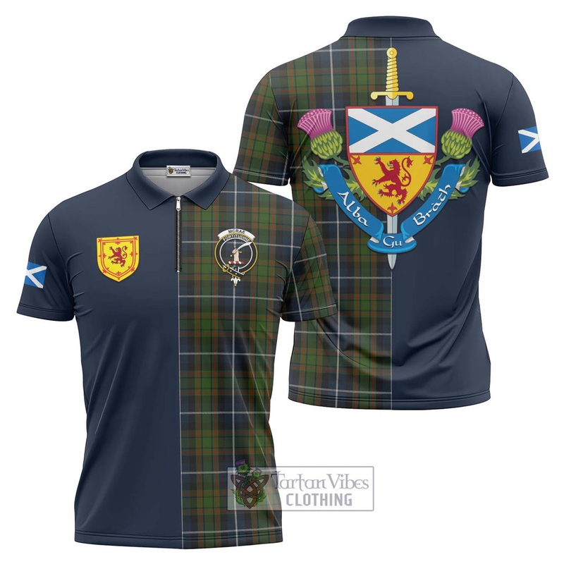 McRae Hunting Tartan Zipper Polo Shirt Alba with Scottish Lion Royal Arm Half Style