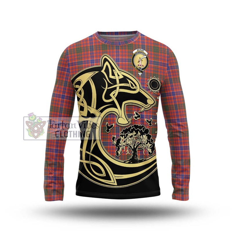 McRae Ancient Tartan Long Sleeve T-Shirt with Family Crest Celtic Wolf Style