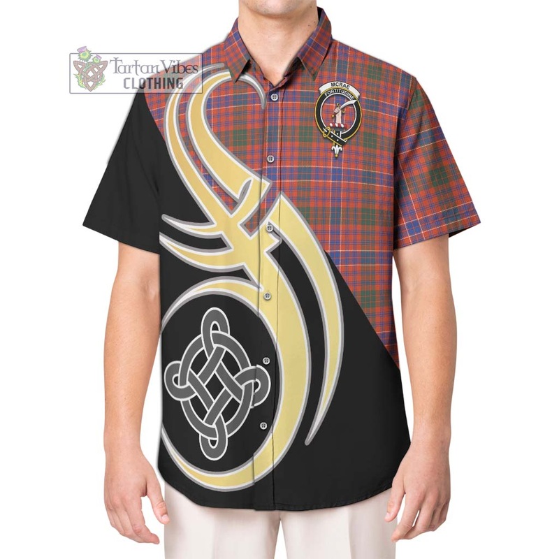 McRae Ancient Tartan Short Sleeve Button Shirt with Family Crest and Celtic Symbol Style