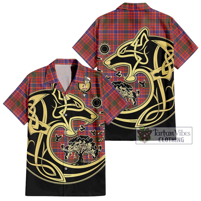 McRae Ancient Tartan Short Sleeve Button Shirt with Family Crest Celtic Wolf Style