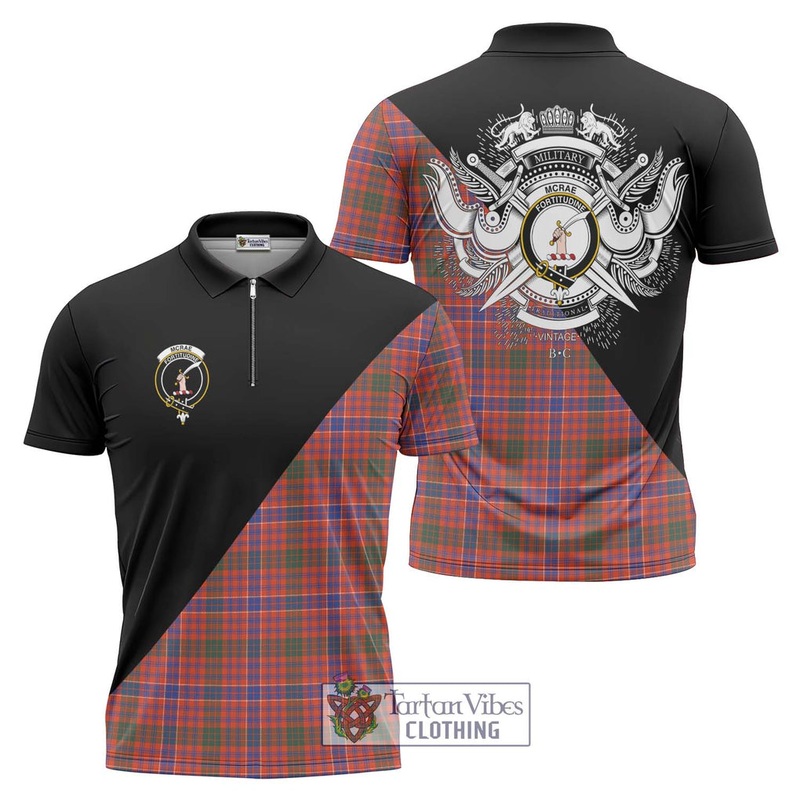 McRae Ancient Tartan Zipper Polo Shirt with Family Crest and Military Logo Style