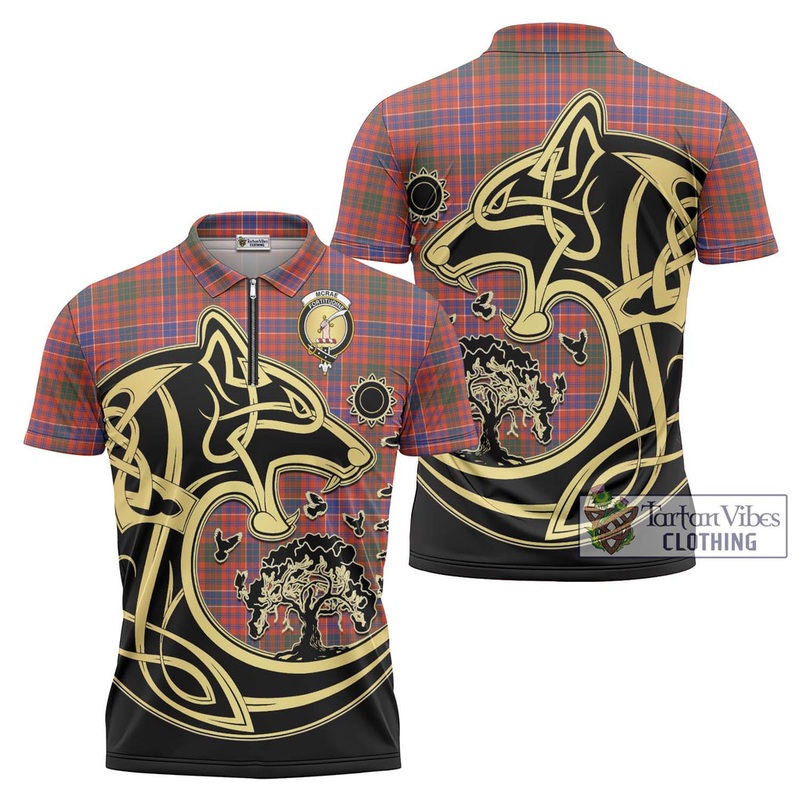 McRae Ancient Tartan Zipper Polo Shirt with Family Crest Celtic Wolf Style