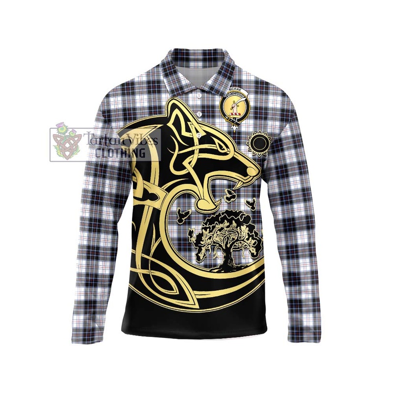 McRae Dress Modern Tartan Long Sleeve Polo Shirt with Family Crest Celtic Wolf Style