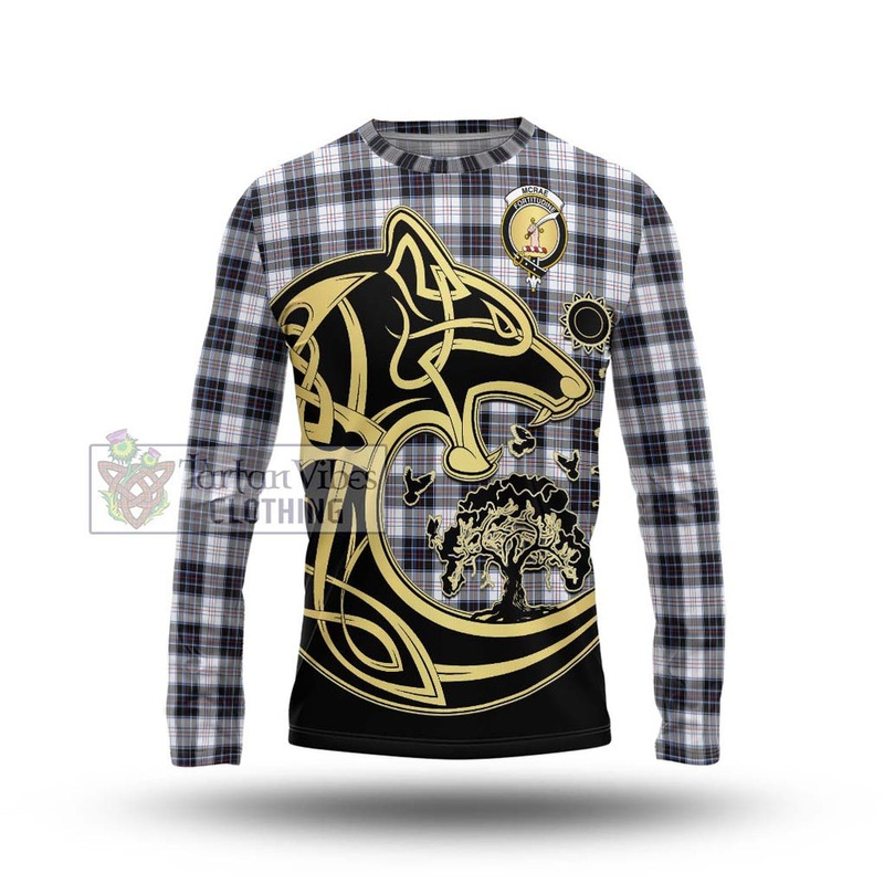 McRae Dress Modern Tartan Long Sleeve T-Shirt with Family Crest Celtic Wolf Style