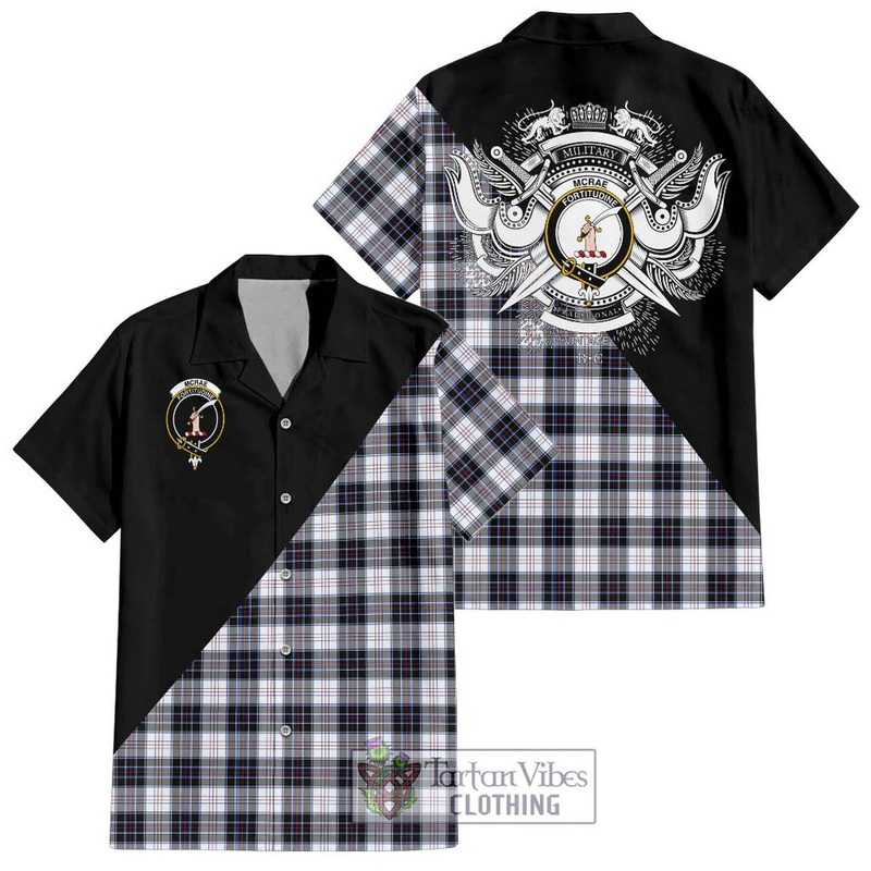 McRae Dress Modern Tartan Short Sleeve Button Shirt with Family Crest and Military Logo Style