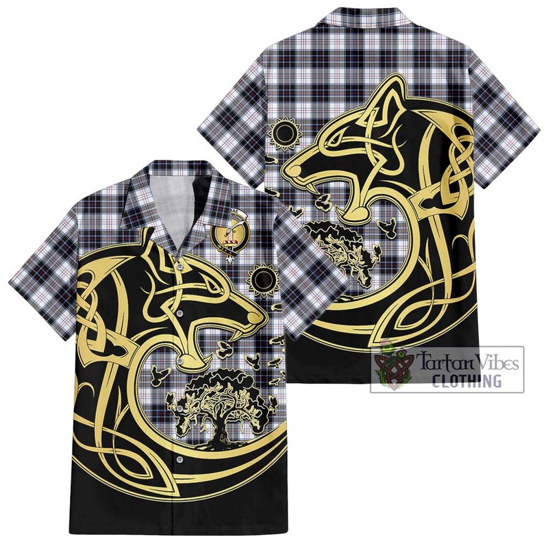 McRae Dress Modern Tartan Short Sleeve Button Shirt with Family Crest Celtic Wolf Style