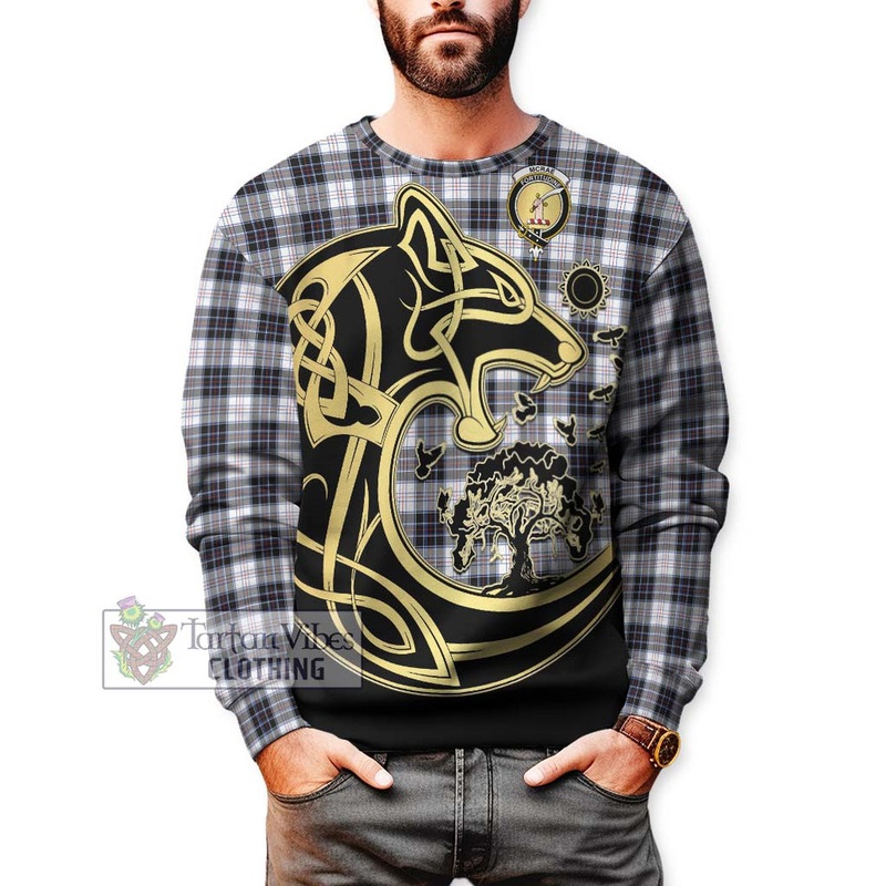 McRae Dress Modern Tartan Sweatshirt with Family Crest Celtic Wolf Style