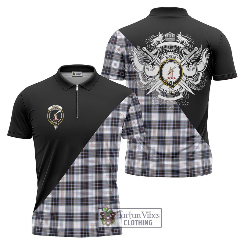 McRae Dress Modern Tartan Zipper Polo Shirt with Family Crest and Military Logo Style