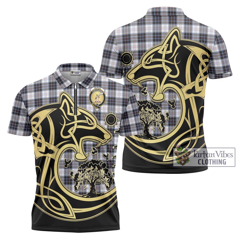 McRae Dress Modern Tartan Zipper Polo Shirt with Family Crest Celtic Wolf Style