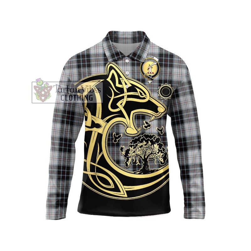 McRae Dress Tartan Long Sleeve Polo Shirt with Family Crest Celtic Wolf Style