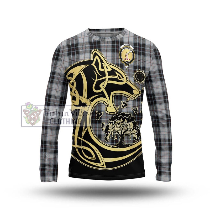 McRae Dress Tartan Long Sleeve T-Shirt with Family Crest Celtic Wolf Style