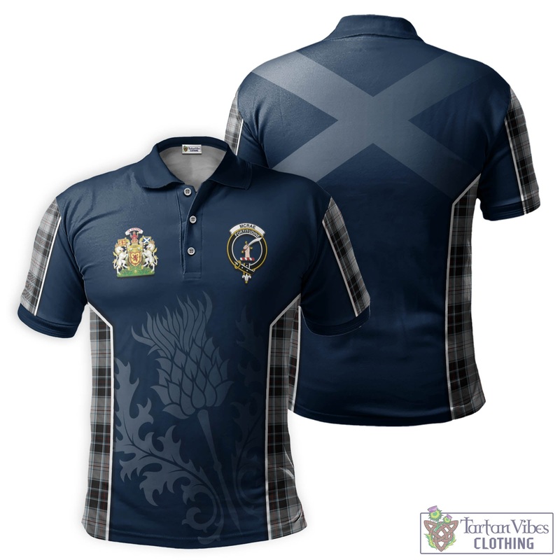 McRae Dress Tartan Men's Polo Shirt with Family Crest and Scottish Thistle Vibes Sport Style