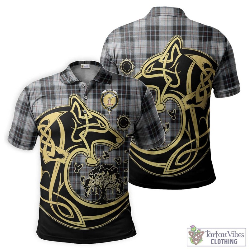 McRae Dress Tartan Polo Shirt with Family Crest Celtic Wolf Style