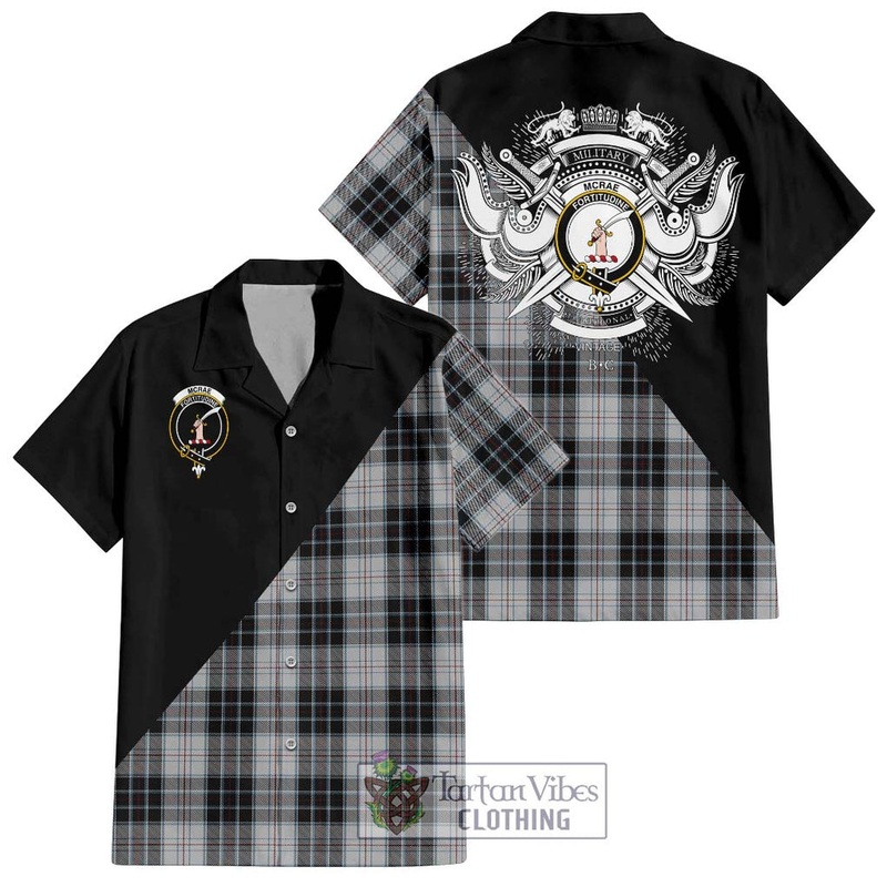 McRae Dress Tartan Short Sleeve Button Shirt with Family Crest and Military Logo Style