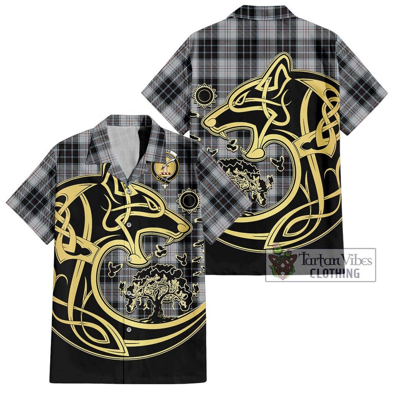 McRae Dress Tartan Short Sleeve Button Shirt with Family Crest Celtic Wolf Style