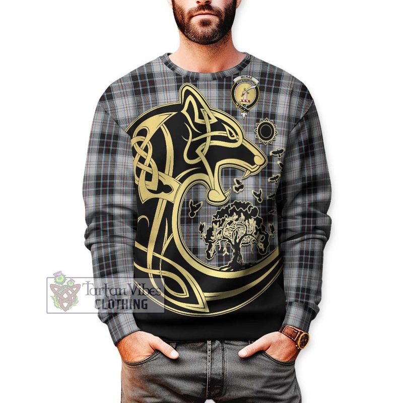 McRae Dress Tartan Sweatshirt with Family Crest Celtic Wolf Style