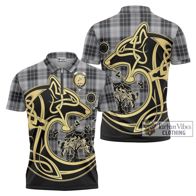 McRae Dress Tartan Zipper Polo Shirt with Family Crest Celtic Wolf Style