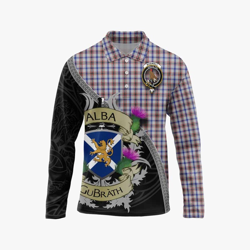 Boswell Tartan Family Crest Long Sleeve Polo Shirt Lion Rampant Royal Thistle Shield Celtic Inspired