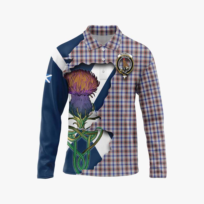 Boswell Tartan Family Crest Long Sleeve Polo Shirt Scottish Thistle Celtic Inspired
