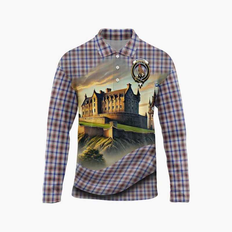Boswell Tartan Family Crest Long Sleeve Polo Shirt with Scottish Ancient Castle Style