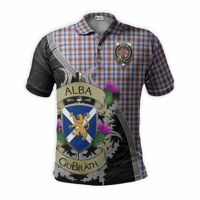 Boswell Tartan Family Crest Polo Shirt Lion Rampant Royal Thistle Shield Celtic Inspired