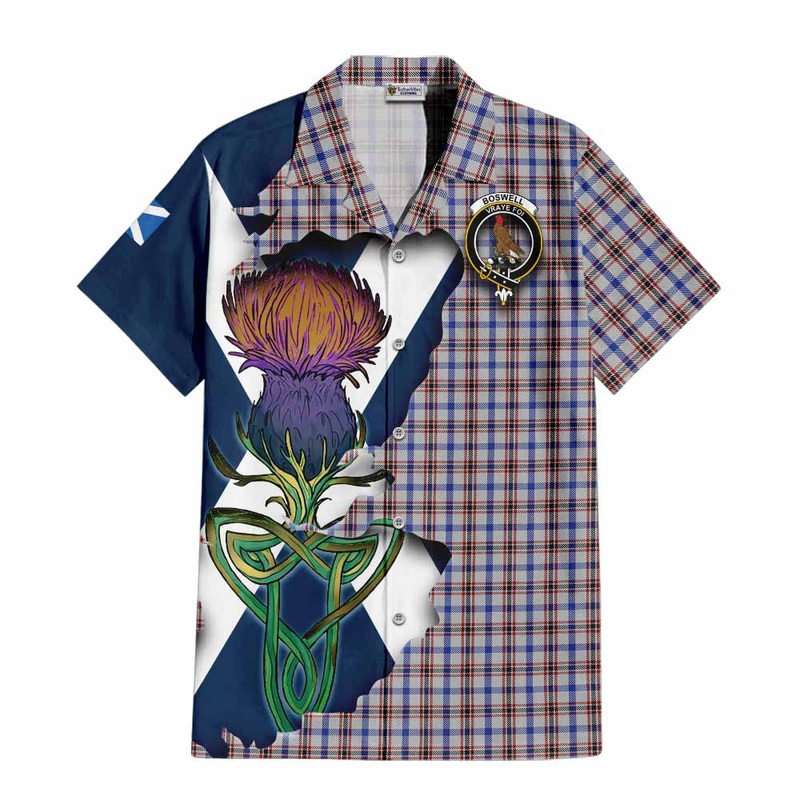 Boswell Tartan Family Crest Short Sleeve Button Shirt Scottish Thistle Celtic Inspired